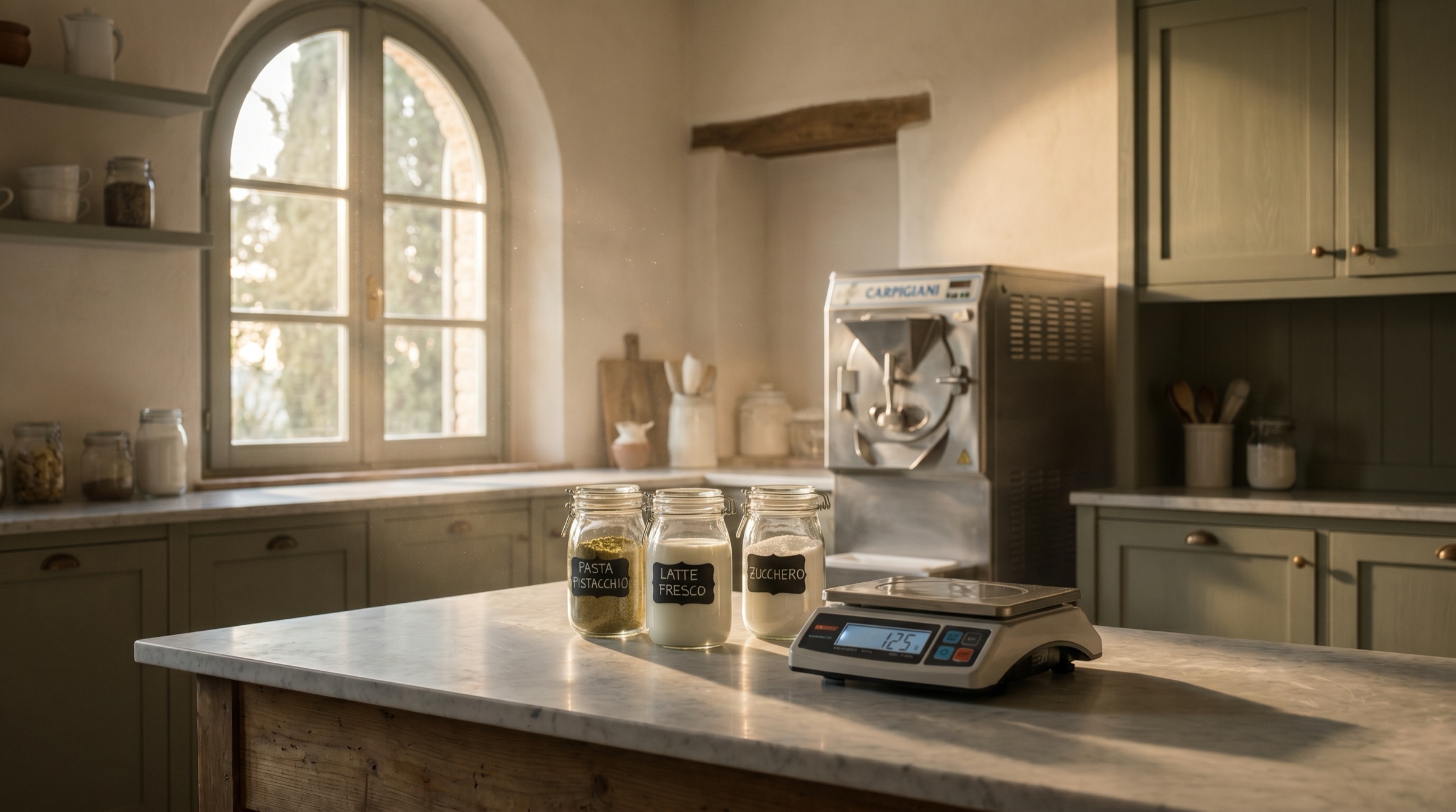A gelato laboratory in golden hour light with chrome equipment, marble counters and small jars of ingredients.