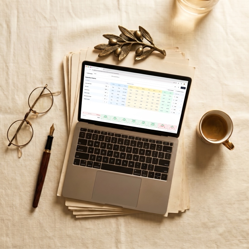 A laptop on warm linen showing the Gelato Balancing app's ingredient table, with reading glasses, a fountain pen and an espresso cup nearby.
