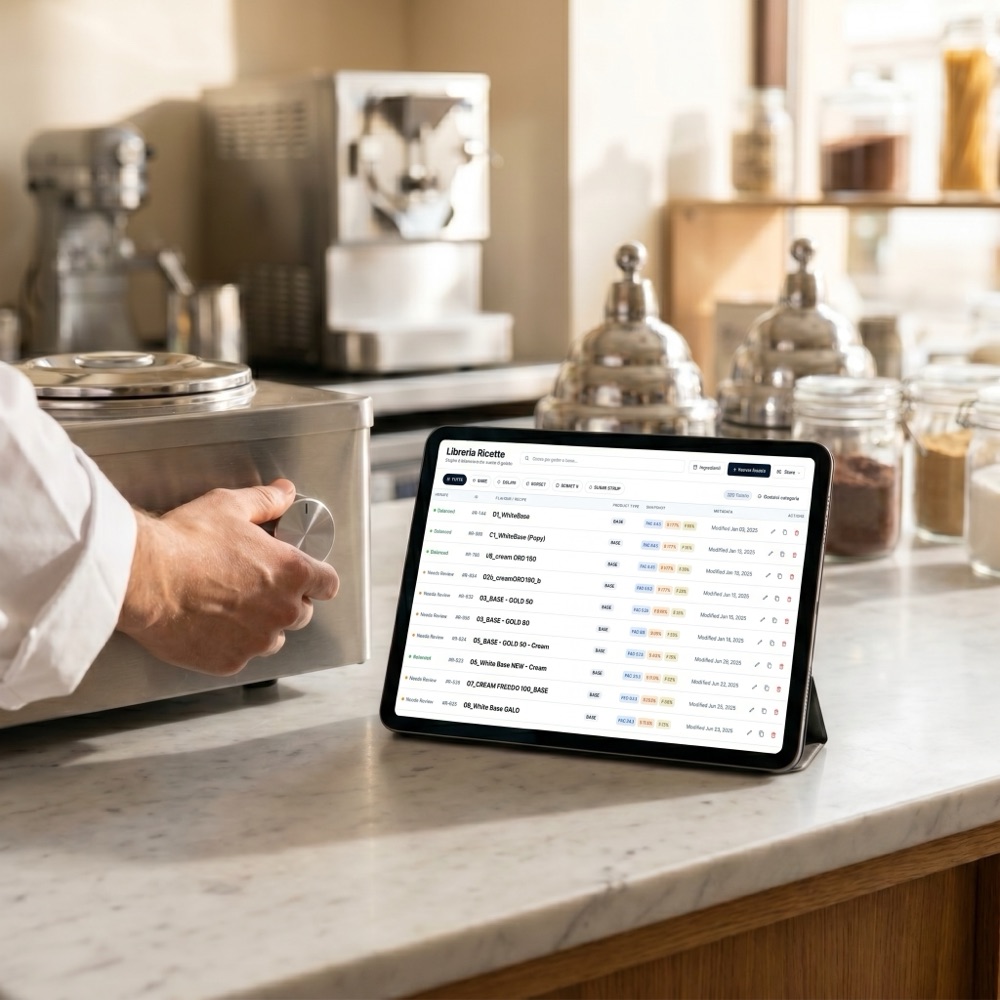 An iPad on a marble counter shows the balance dashboard while a chef's hand adjusts a control.