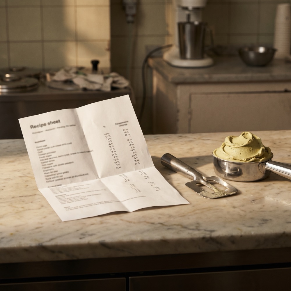 A freshly printed gelato recipe sheet lies on a marble counter near a small stainless tool and a serving of pistachio gelato.
